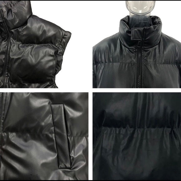 Kimberly Puffer Vest, Quilted Cap Sleeve Collar Faux Leather Long Vest - Picture 5 of 9